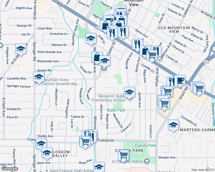 map of restaurants, bars, coffee shops, grocery stores, and more near 726 Rustic Lane in Mountain View