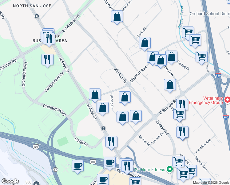 map of restaurants, bars, coffee shops, grocery stores, and more near 138 Charcot Avenue in San Jose