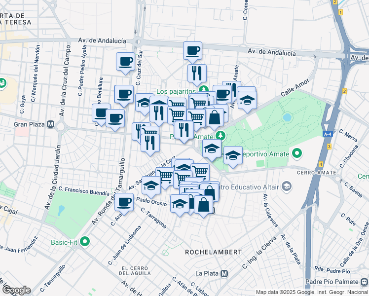 map of restaurants, bars, coffee shops, grocery stores, and more near 37 Avenida San Juan de la Cruz in Sevilla