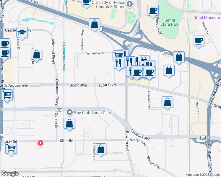 map of restaurants, bars, coffee shops, grocery stores, and more near 3320 Scott Boulevard in Santa Clara