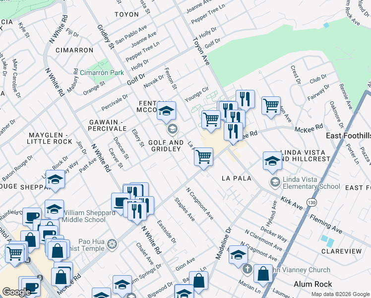 map of restaurants, bars, coffee shops, grocery stores, and more near 382 Gridley Court in San Jose