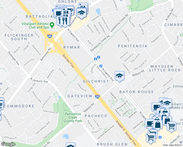 map of restaurants, bars, coffee shops, grocery stores, and more near 2491 Golzio Court in San Jose