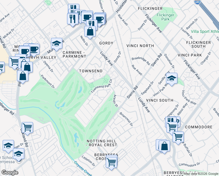 map of restaurants, bars, coffee shops, grocery stores, and more near 1833 Parkview Green Circle in San Jose