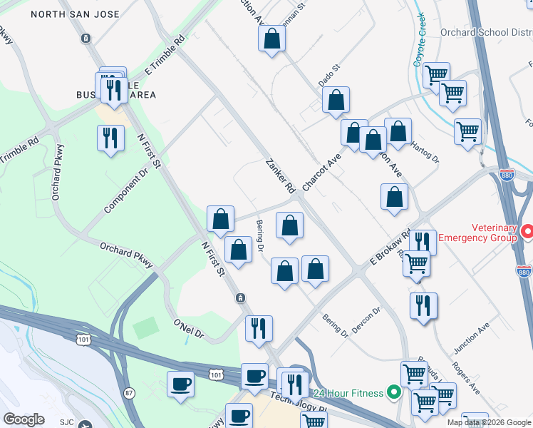 map of restaurants, bars, coffee shops, grocery stores, and more near 138 Charcot Ave in San Jose