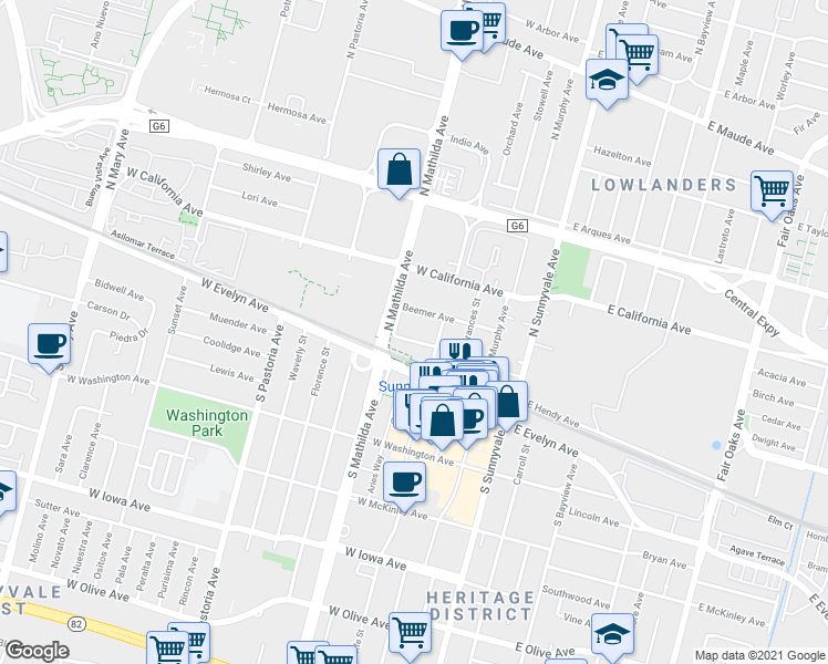 map of restaurants, bars, coffee shops, grocery stores, and more near 343 Angel Avenue in Sunnyvale