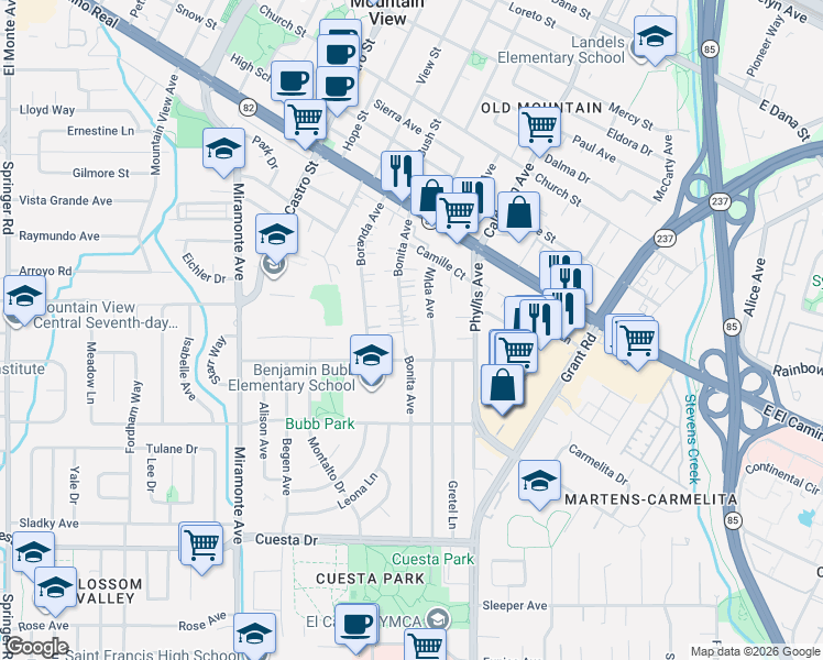 map of restaurants, bars, coffee shops, grocery stores, and more near 1173 Bonita Avenue in Mountain View