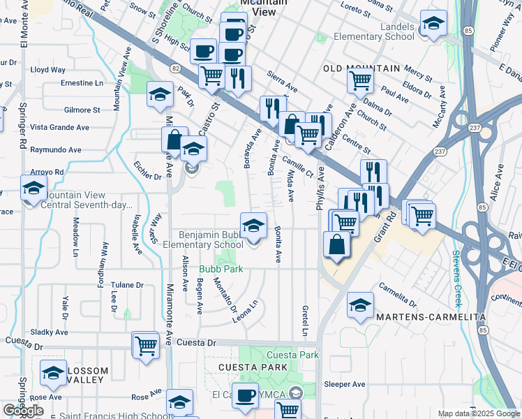 map of restaurants, bars, coffee shops, grocery stores, and more near 1135 Boranda Avenue in Mountain View