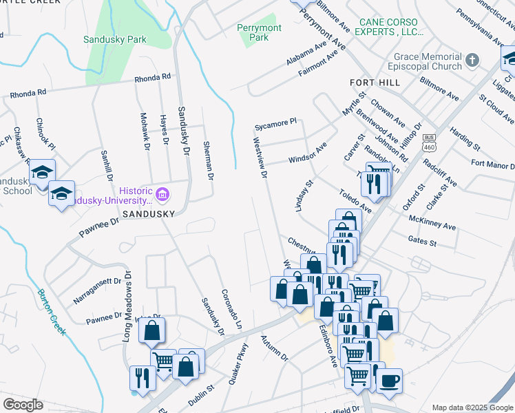 map of restaurants, bars, coffee shops, grocery stores, and more near 1029 Moseley Drive in Lynchburg