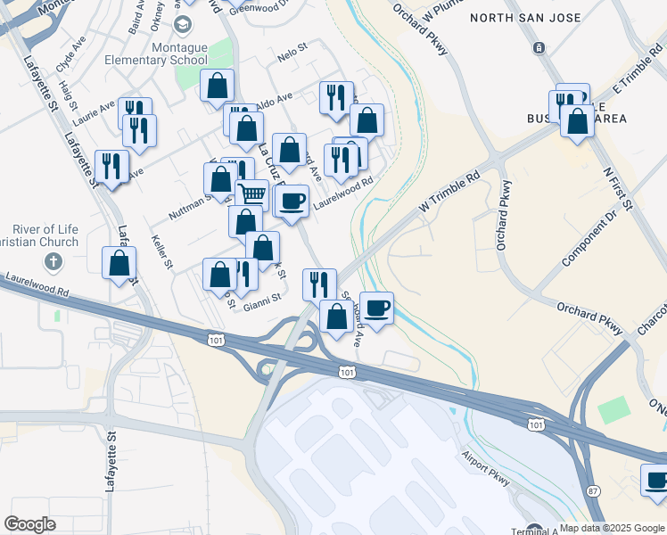 map of restaurants, bars, coffee shops, grocery stores, and more near 3165 De La Cruz Blvd in Santa Clara