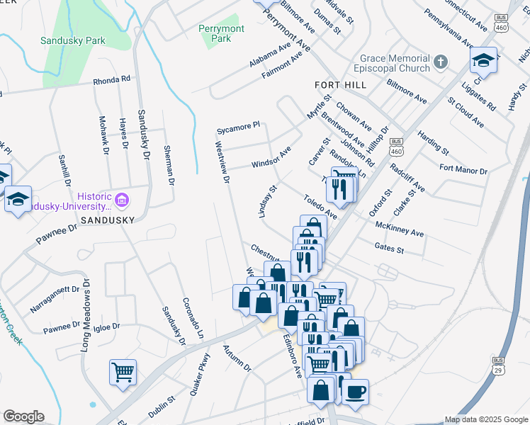 map of restaurants, bars, coffee shops, grocery stores, and more near 1018 Lindsay Street in Lynchburg
