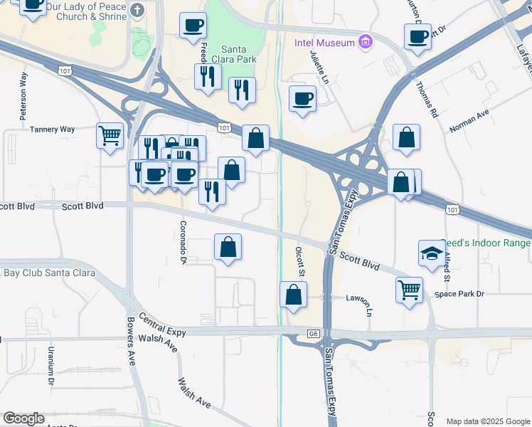 map of restaurants, bars, coffee shops, grocery stores, and more near 3231 Scott Boulevard in Santa Clara