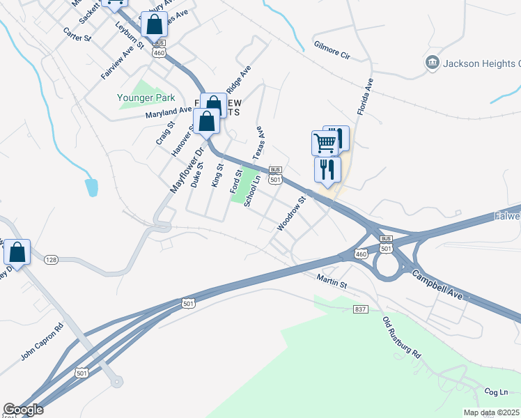map of restaurants, bars, coffee shops, grocery stores, and more near 8 Parkwood Avenue in Lynchburg