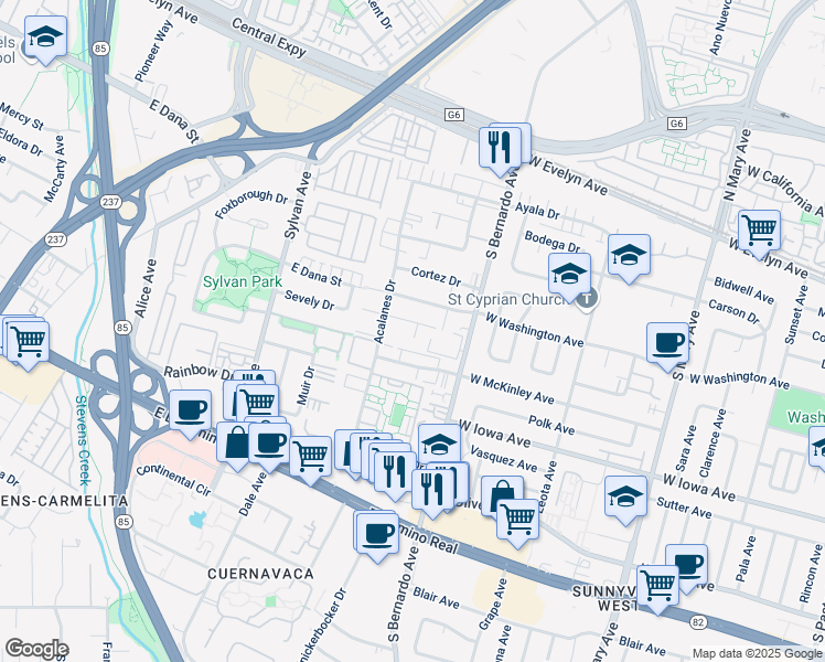 map of restaurants, bars, coffee shops, grocery stores, and more near 247 Arriba Drive in Sunnyvale