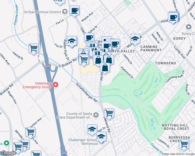 map of restaurants, bars, coffee shops, grocery stores, and more near 1089 Dewberry Place in San Jose