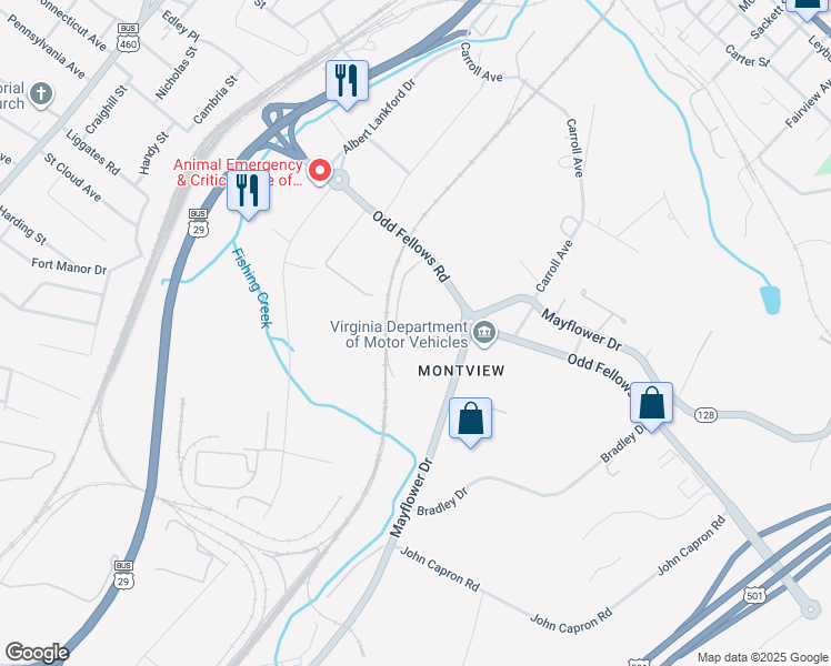 map of restaurants, bars, coffee shops, grocery stores, and more near in Lynchburg