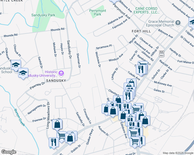map of restaurants, bars, coffee shops, grocery stores, and more near 1029 Moseley Drive in Lynchburg