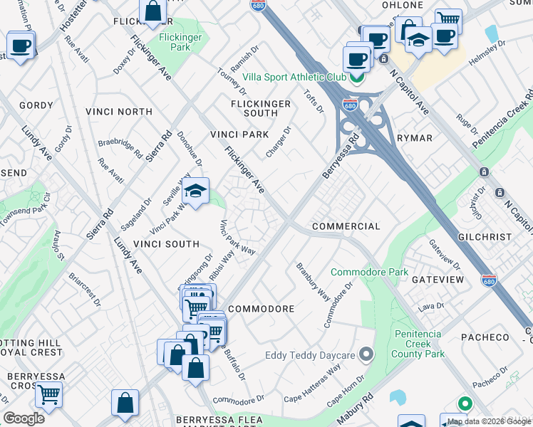 map of restaurants, bars, coffee shops, grocery stores, and more near 1149 Ribisi Circle in San Jose