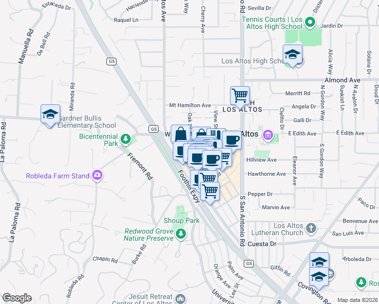 map of restaurants, bars, coffee shops, grocery stores, and more near 106 2nd Street in Los Altos