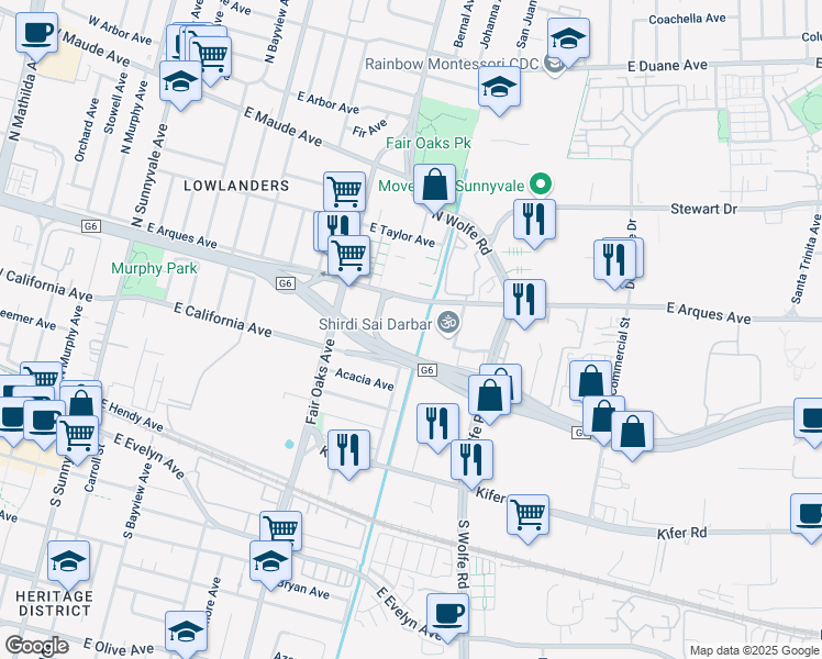 map of restaurants, bars, coffee shops, grocery stores, and more near 690 East Arques Avenue in Sunnyvale