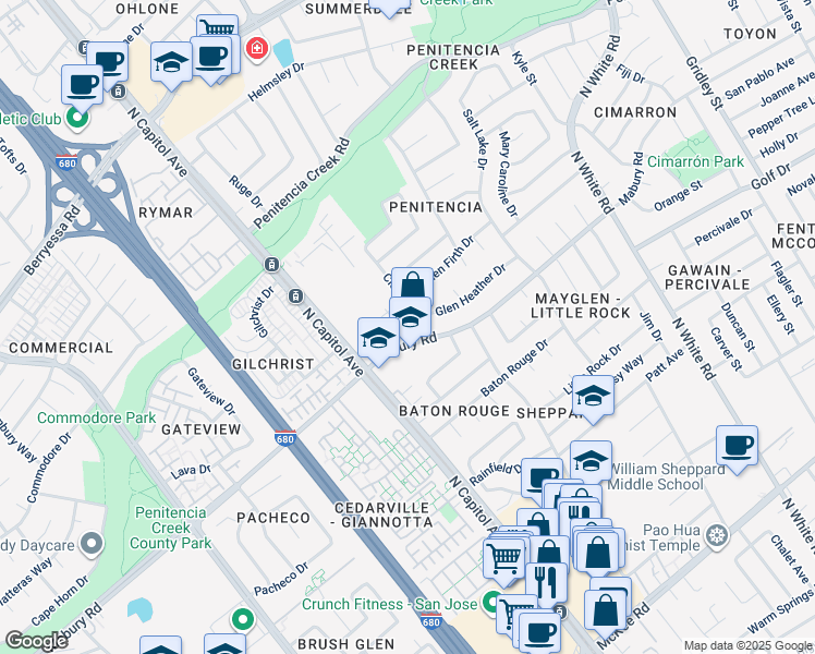 map of restaurants, bars, coffee shops, grocery stores, and more near 2714 Mabury Square in San Jose