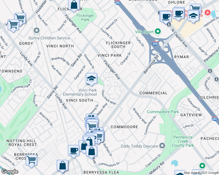 map of restaurants, bars, coffee shops, grocery stores, and more near 1183 Bitternut Court in San Jose