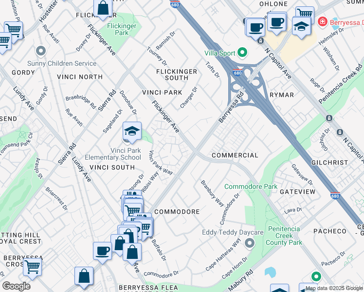 map of restaurants, bars, coffee shops, grocery stores, and more near 1149 Ribisi Circle in San Jose