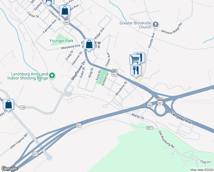 map of restaurants, bars, coffee shops, grocery stores, and more near 6 Parkwood Avenue in Lynchburg