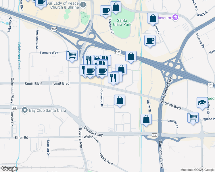 map of restaurants, bars, coffee shops, grocery stores, and more near 3231 Scott Boulevard in Santa Clara