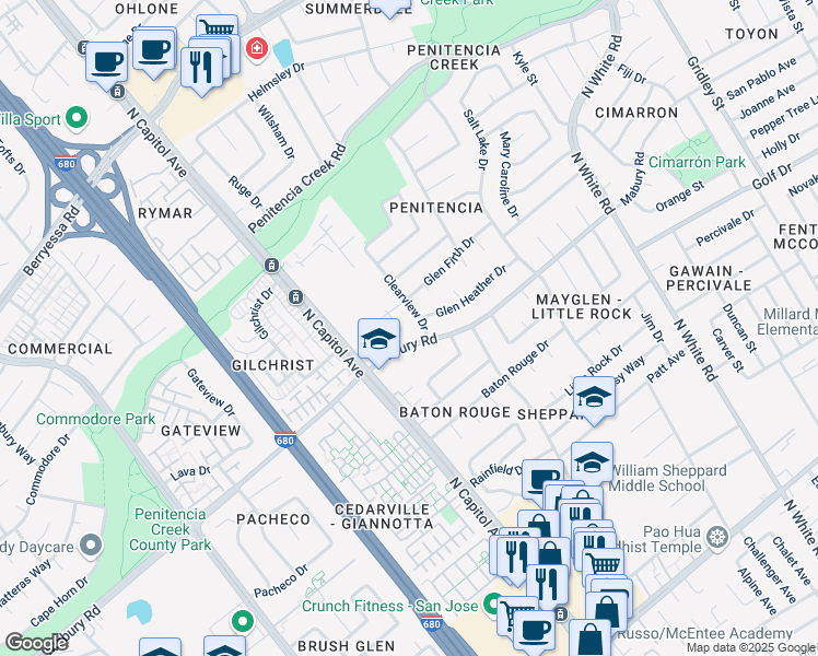 map of restaurants, bars, coffee shops, grocery stores, and more near 2714 Mabury Square in San Jose
