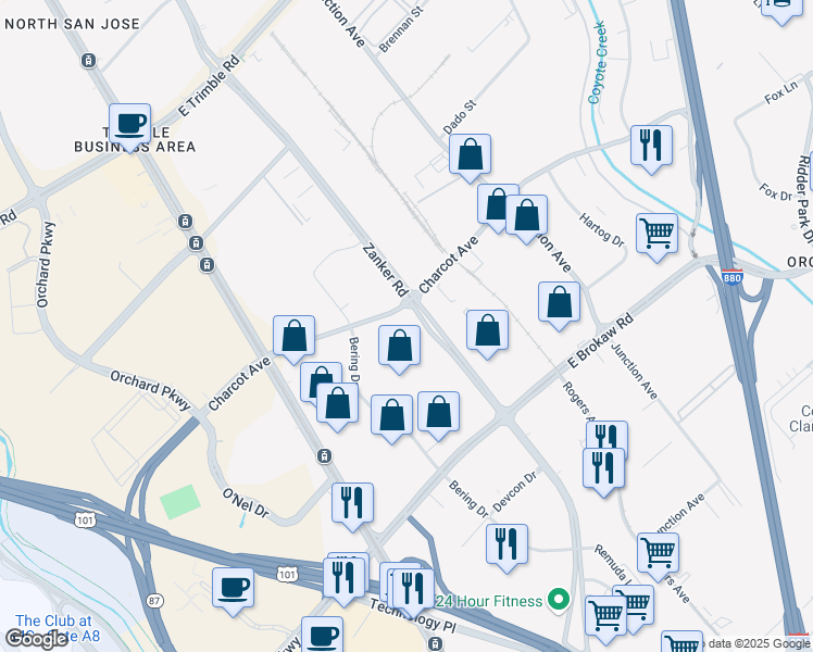map of restaurants, bars, coffee shops, grocery stores, and more near 2195 Zanker Road in San Jose