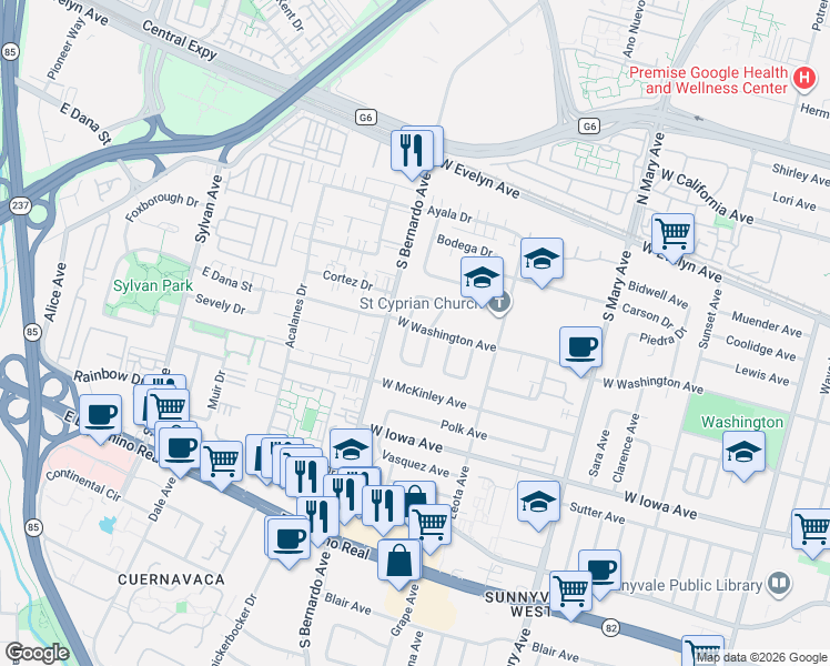 map of restaurants, bars, coffee shops, grocery stores, and more near 223 Carbonera Avenue in Sunnyvale