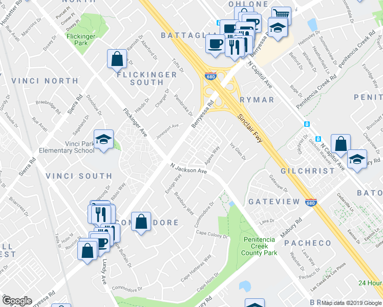 map of restaurants, bars, coffee shops, grocery stores, and more near 1088 Yarrow Terrace in San Jose