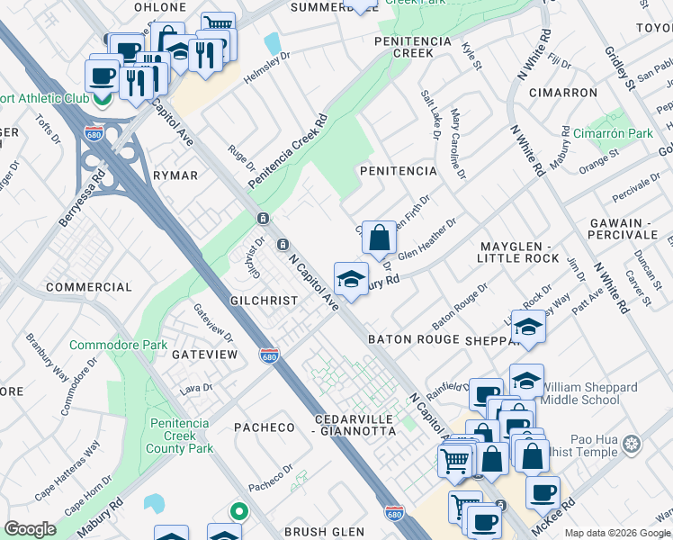 map of restaurants, bars, coffee shops, grocery stores, and more near 2616 Mabury Square in San Jose
