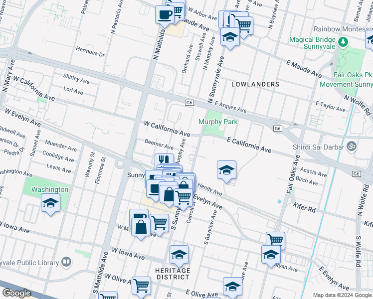 map of restaurants, bars, coffee shops, grocery stores, and more near 175 North Sunnyvale Avenue in Sunnyvale