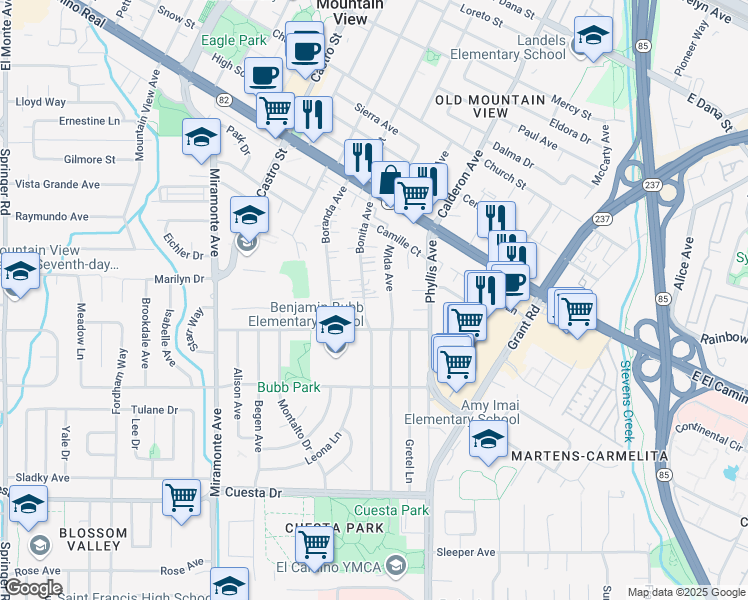 map of restaurants, bars, coffee shops, grocery stores, and more near 1173 Bonita Avenue in Mountain View