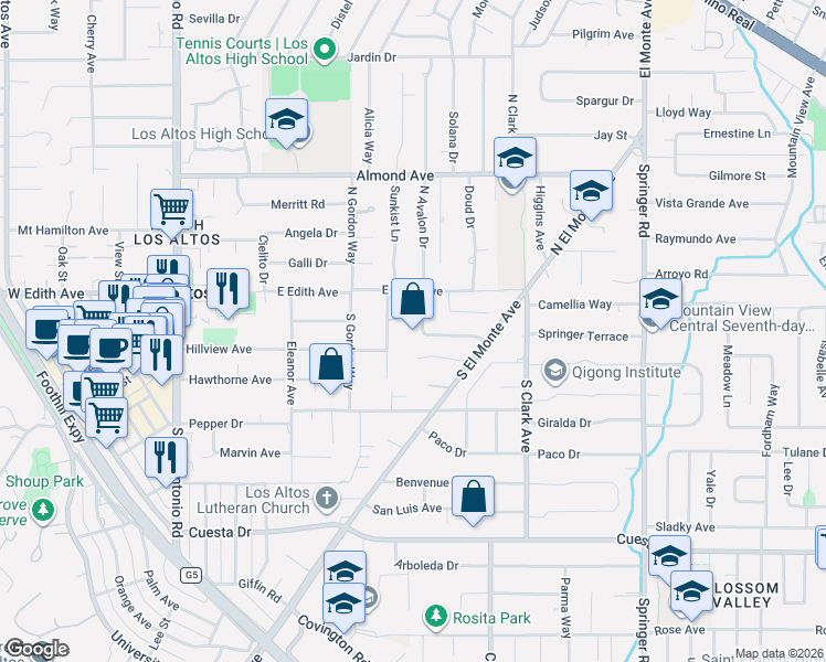 map of restaurants, bars, coffee shops, grocery stores, and more near 416 Santa Barbara Drive in Los Altos