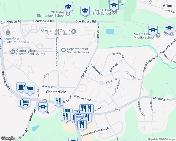 map of restaurants, bars, coffee shops, grocery stores, and more near 9719 Krause Road in Chesterfield