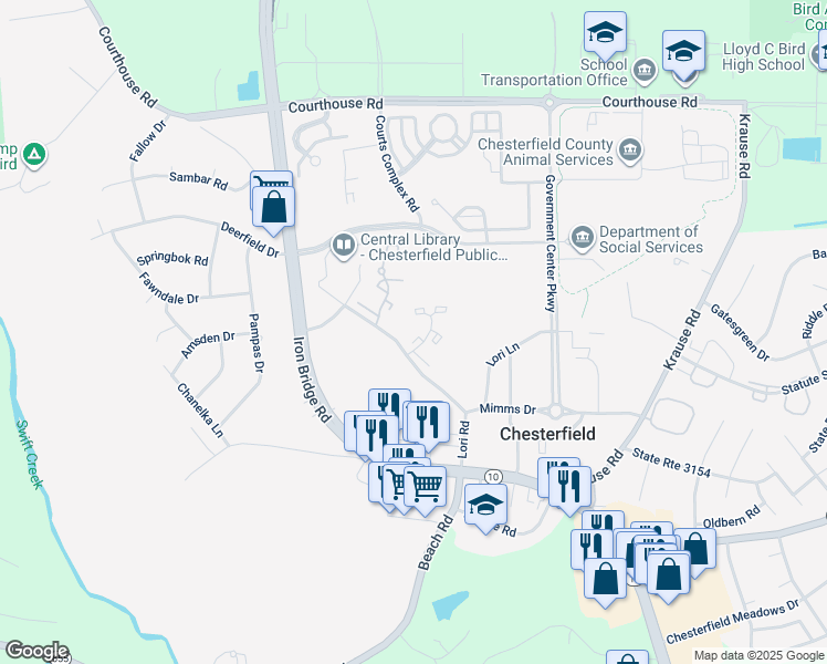 map of restaurants, bars, coffee shops, grocery stores, and more near 9610 Tree Line Terrace in Chesterfield