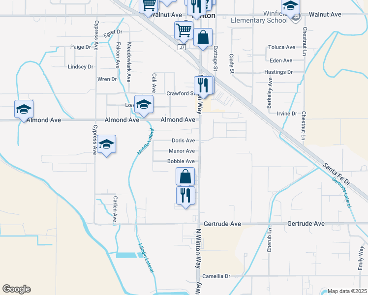 map of restaurants, bars, coffee shops, grocery stores, and more near 7076 Manor Avenue in Winton