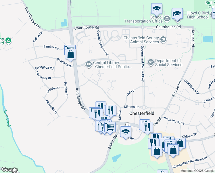 map of restaurants, bars, coffee shops, grocery stores, and more near 9610 Tree Line Terrace in Chesterfield