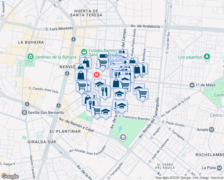 map of restaurants, bars, coffee shops, grocery stores, and more near 13 Calle Cean Bermúdez in Sevilla