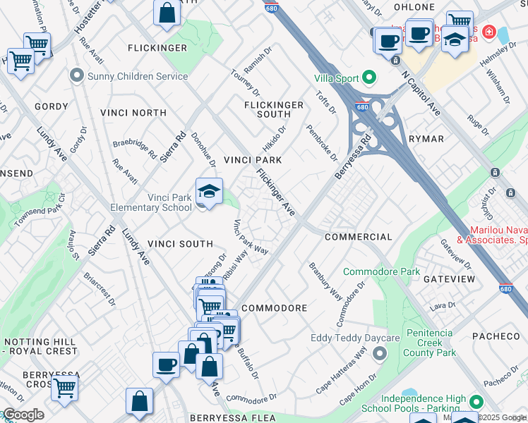 map of restaurants, bars, coffee shops, grocery stores, and more near 2017 Quadros Lane in San Jose