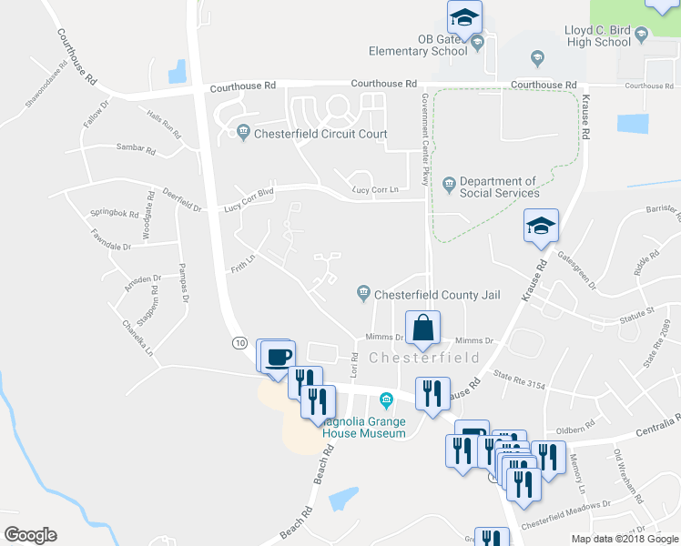 map of restaurants, bars, coffee shops, grocery stores, and more near 9609 Paddock Grove Court in Chesterfield