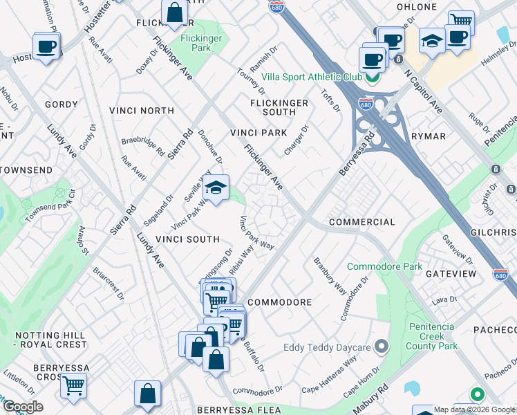 map of restaurants, bars, coffee shops, grocery stores, and more near 1183 Bitternut Court in San Jose