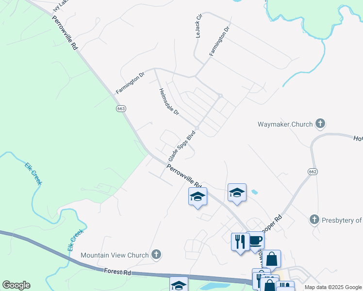 map of restaurants, bars, coffee shops, grocery stores, and more near Glade Springs Boulevard in Forest