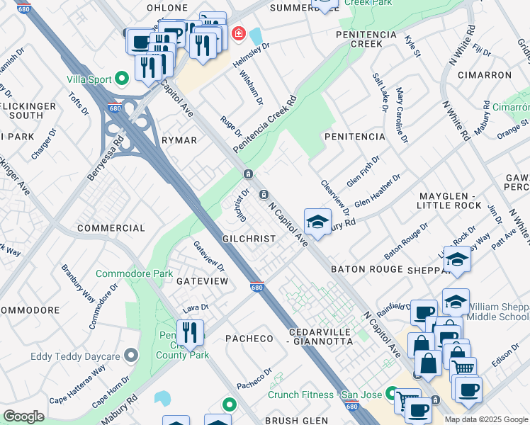 map of restaurants, bars, coffee shops, grocery stores, and more near 817 Gilchrist Walkway in San Jose