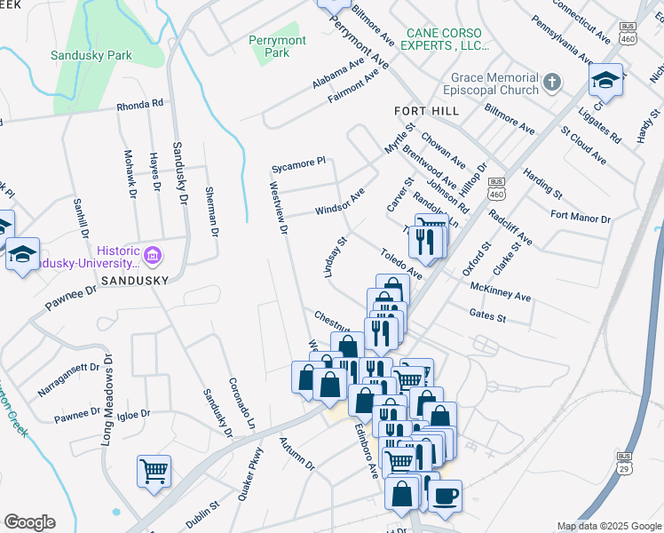 map of restaurants, bars, coffee shops, grocery stores, and more near 1016 Lindsay Street in Lynchburg