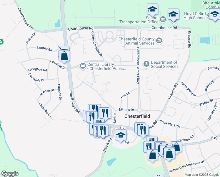map of restaurants, bars, coffee shops, grocery stores, and more near 9607 Paddock Grove Court in Chesterfield