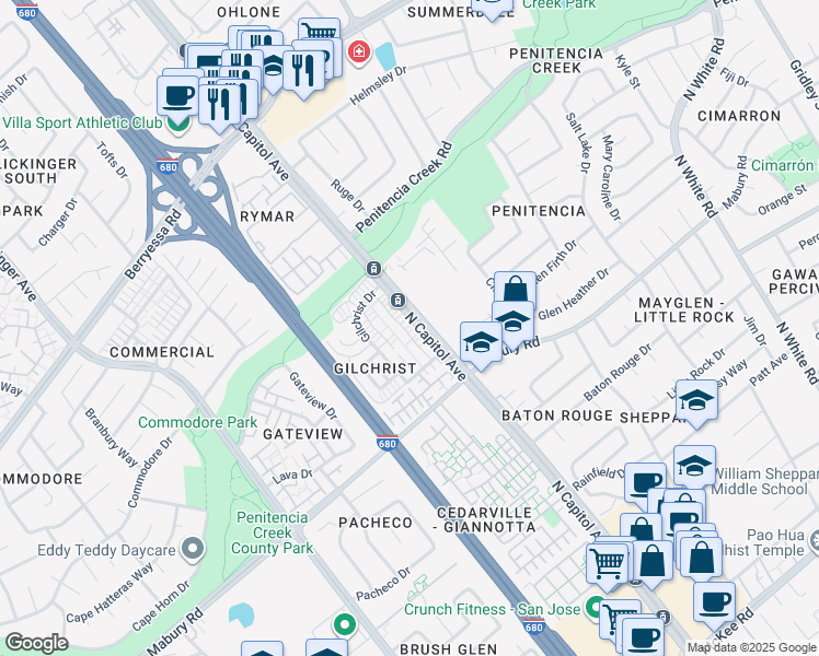 map of restaurants, bars, coffee shops, grocery stores, and more near 817 Gilchrist Walkway in San Jose
