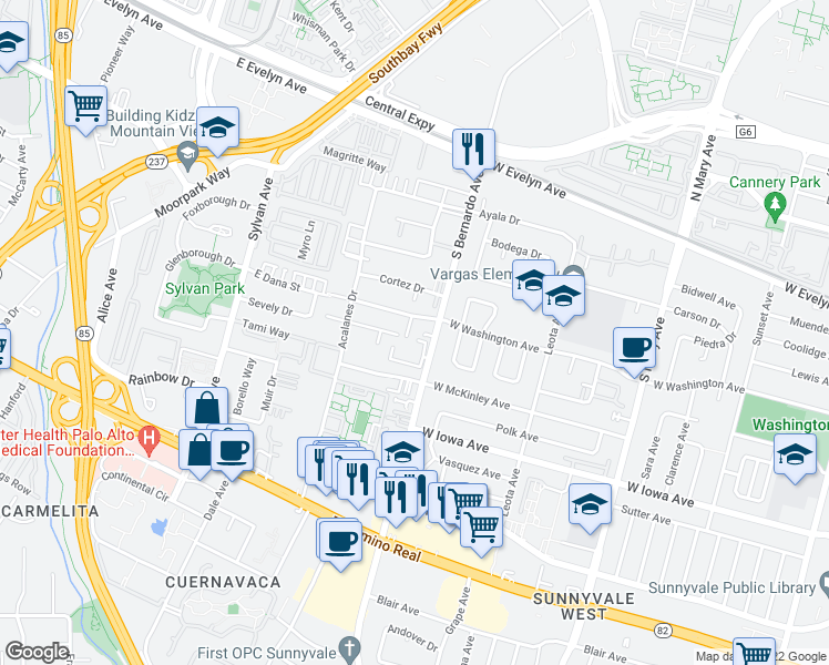 map of restaurants, bars, coffee shops, grocery stores, and more near 230 Arriba Drive in Sunnyvale